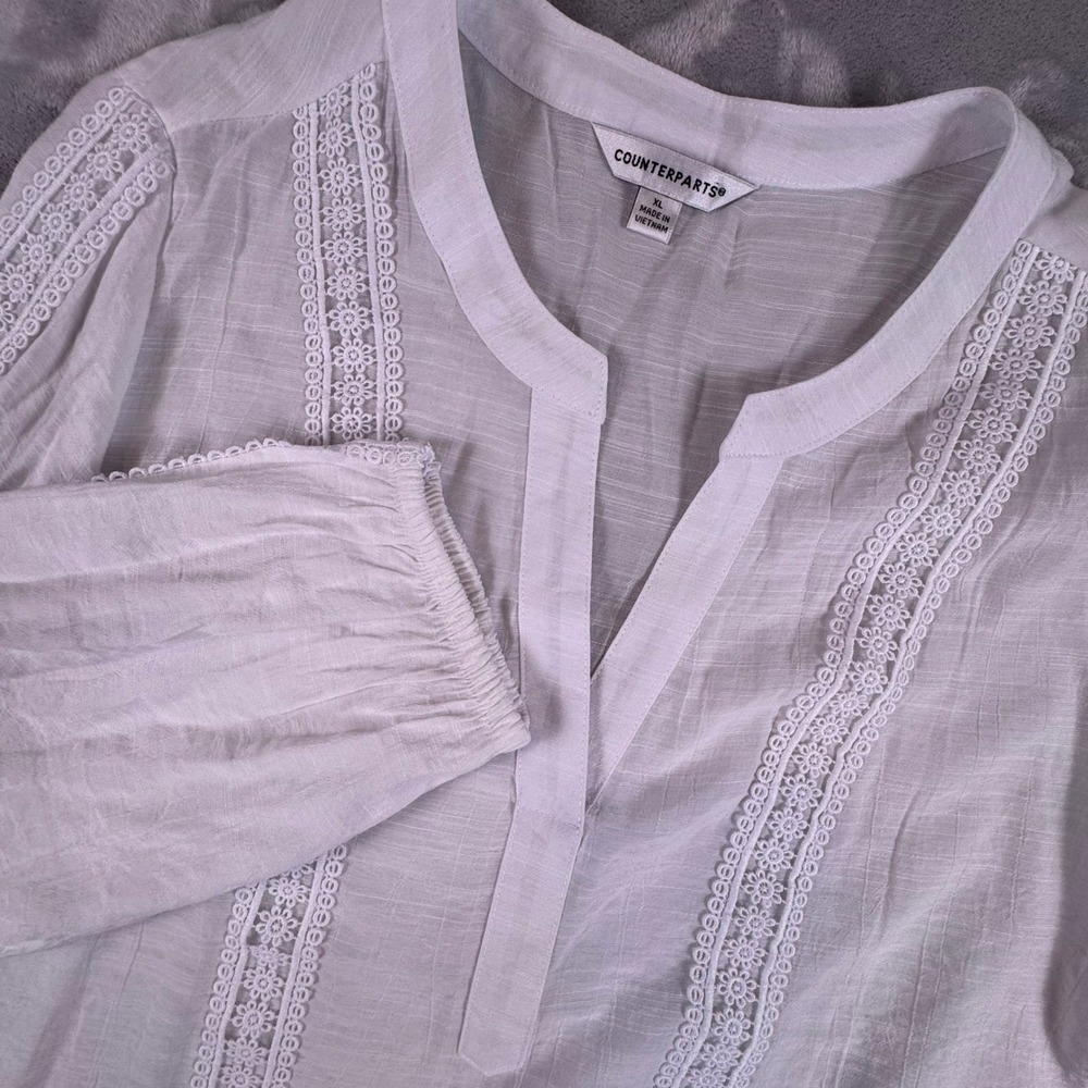 Counterparts Womens White Crochet Lace Split Neck Peasant Blouse XL 911990HA